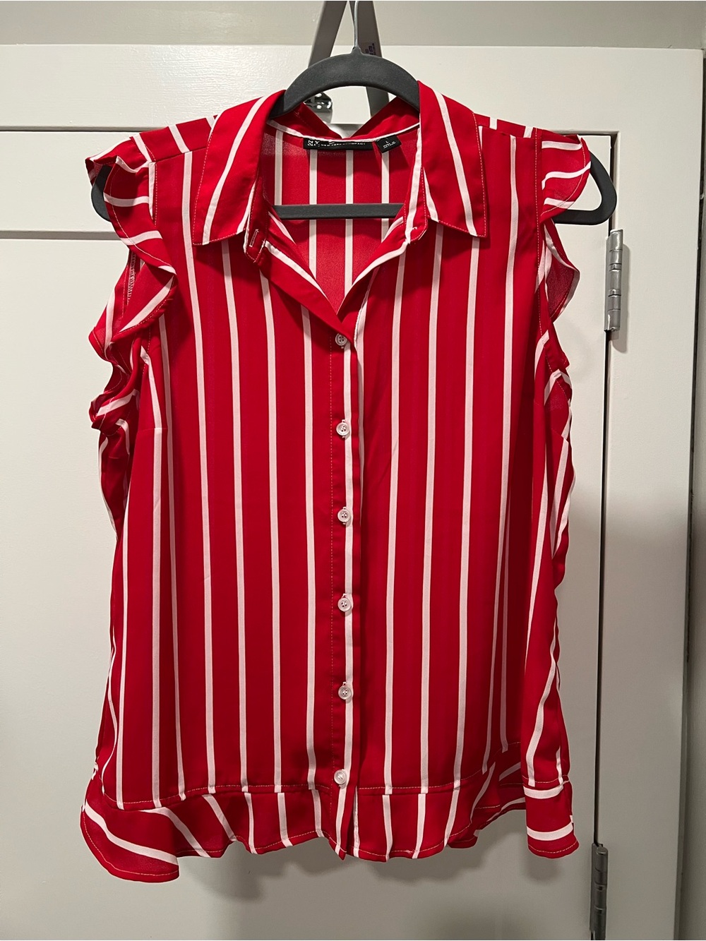 New York & Company Red and White Vertical Stripe Blouse